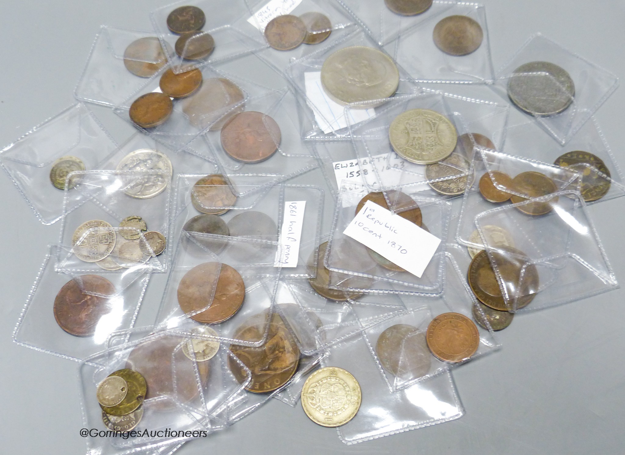 UK and World Coins and medals, 16th-20th century including an Elizabeth I shilling, William and Mary medal, Victoria farthings etc